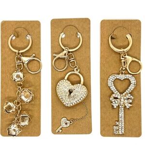 Gold Rhinestone Keychains Set: Heart Lock, Bow Key & Crystal Cube Bag Charms NEW